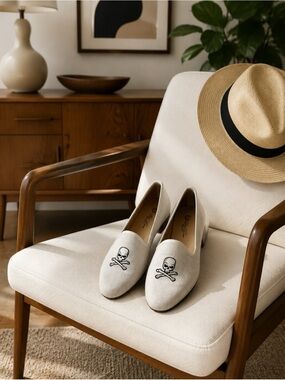 Del Toro linen / Leather Skull Embroidered Loafers Size 10